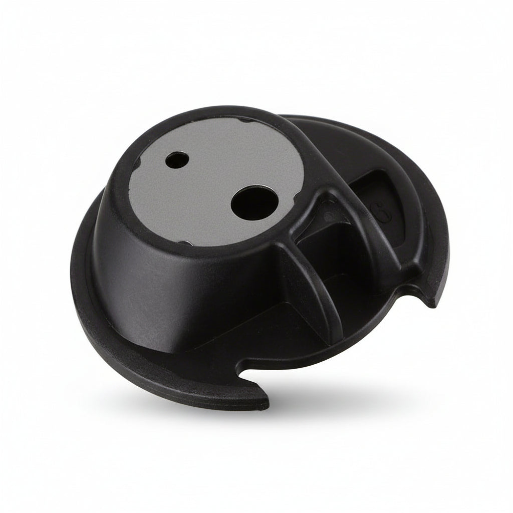 Black and gray mechanical component on a white background