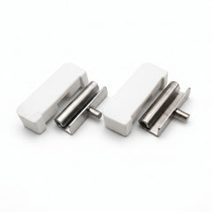 Two metallic door handles on a white background