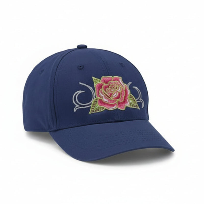 Navy blue cap with a pink rose design on a white background