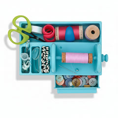 Blue sewing kit with various sewing supplies on a wooden surface