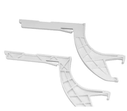 Two white plastic brackets on a white background