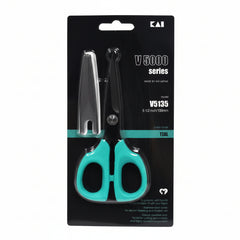 Teal scissors with black handles on a KAI branded packaging