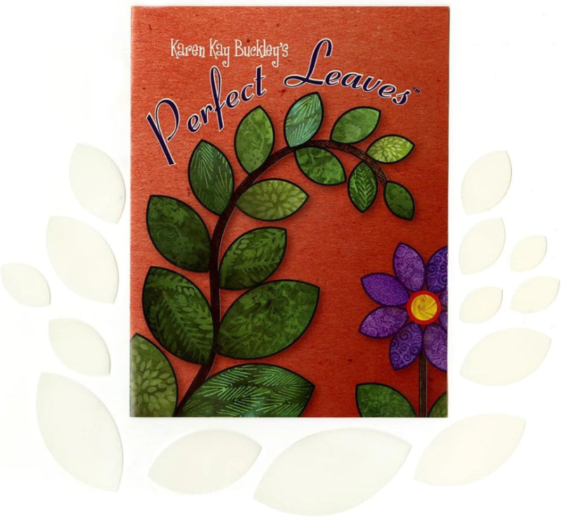 Card with green leaves and a purple flower on a red background, featuring 'Karen Kay Buckley's Perfect Leaves' text.