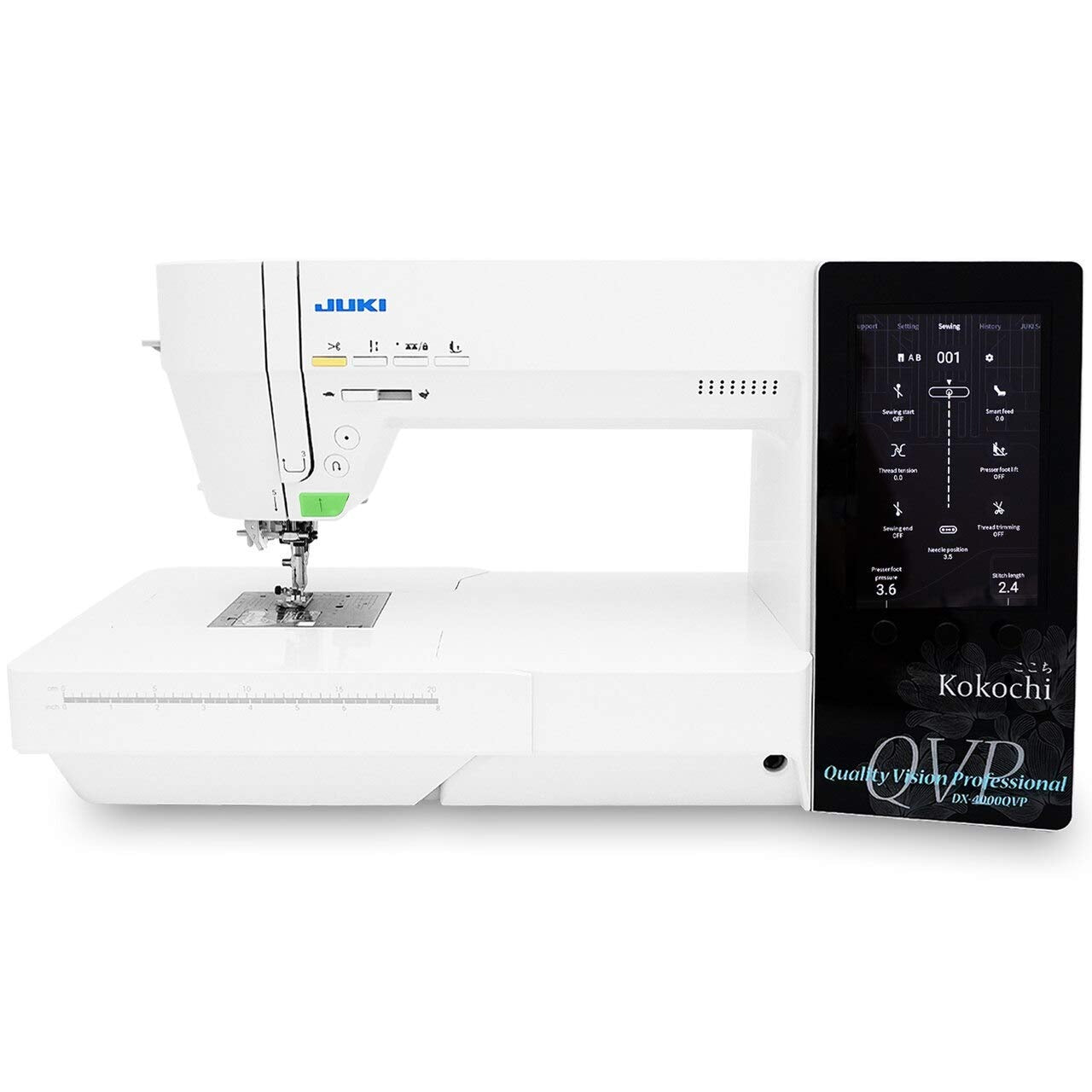 Juki sewing machine with digital display on a white background