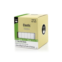 Box of woven elastic sold by the yard on a white background