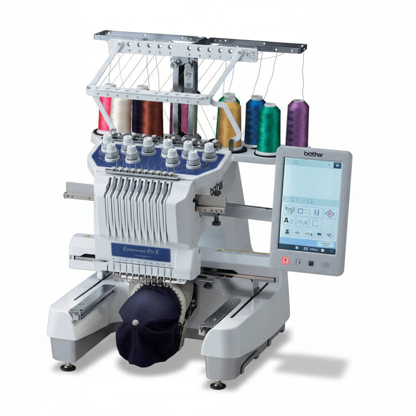 Embroidery machine with colorful thread spools and a digital display on a white background