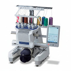Embroidery machine with colorful thread spools and a digital display on a white background