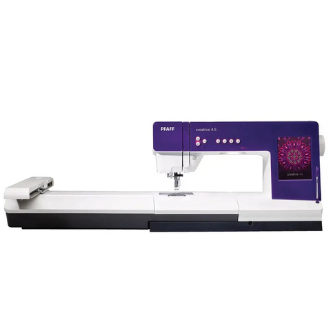PFAFF creative 4.5 Sewing & Embroidery Machine with a large embroidery area, purple and white color scheme, and a large touch screen display.