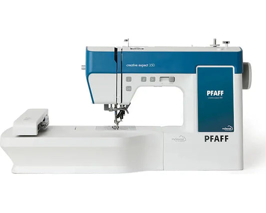 A PFAFF creative expect 350 sewing and embroidery machine with a large 7 inch color touch screen, in colors white, blue, and grey.