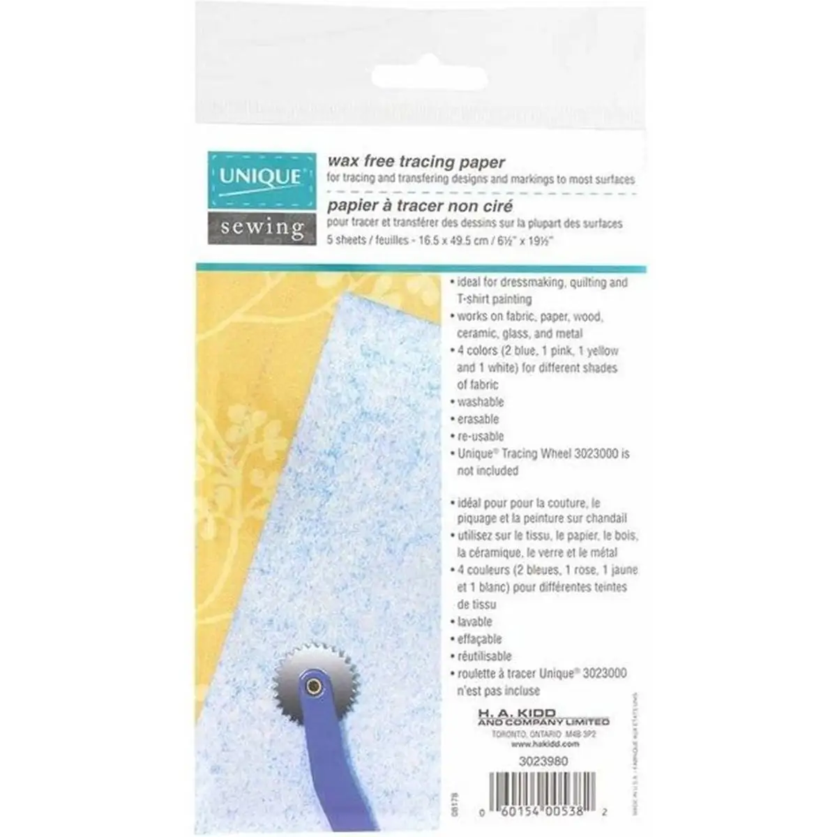 UNIQUE SEWING Tracing Paper Assorted Colours - 16.5 x 49.5cm - 5 sheets