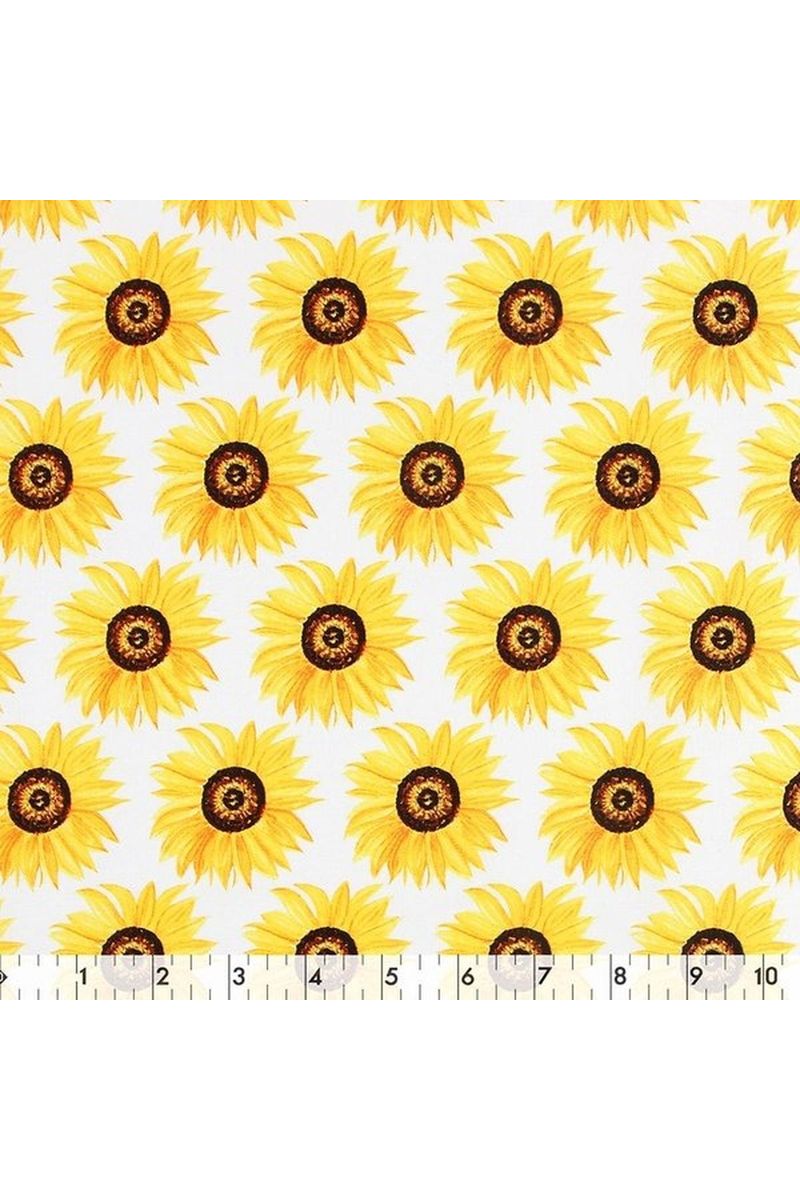 Fabric, White with Yellow Sunflower Heads