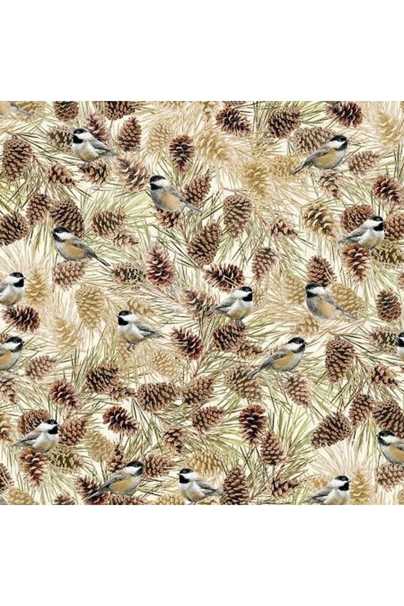 Cream Birds & Pinecones with Metallic 100% Ctton